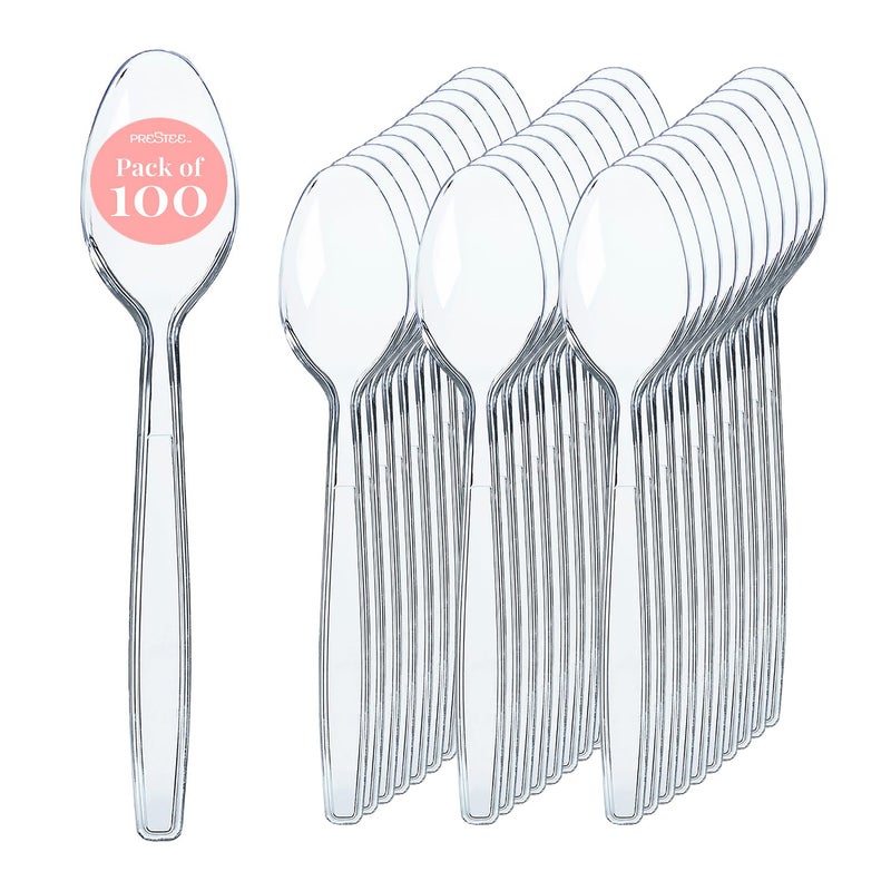 Prestee 100 Pack Clear Plastic Spoons Bulk - Heavy Duty 6" Plastic Silverware Spoons for Weddings, Parties and Catering Events - Heat-Resistant Utensils Disposable Spoons for Hot and Cold Food - Image 1